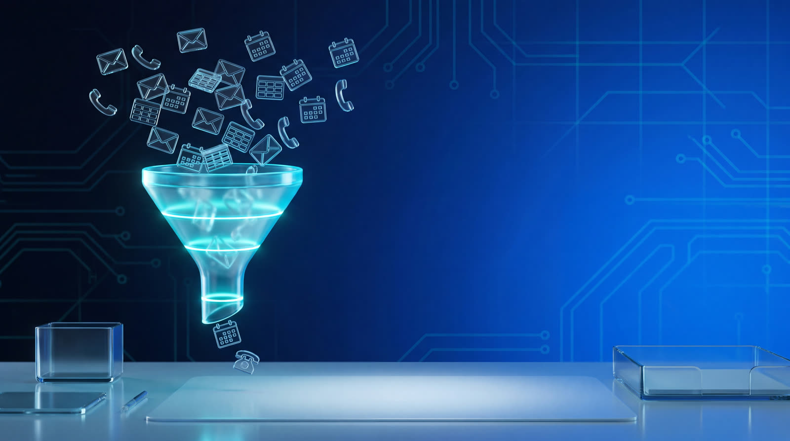 Small repetitive admin tasks being drawn into a glowing automation funnel