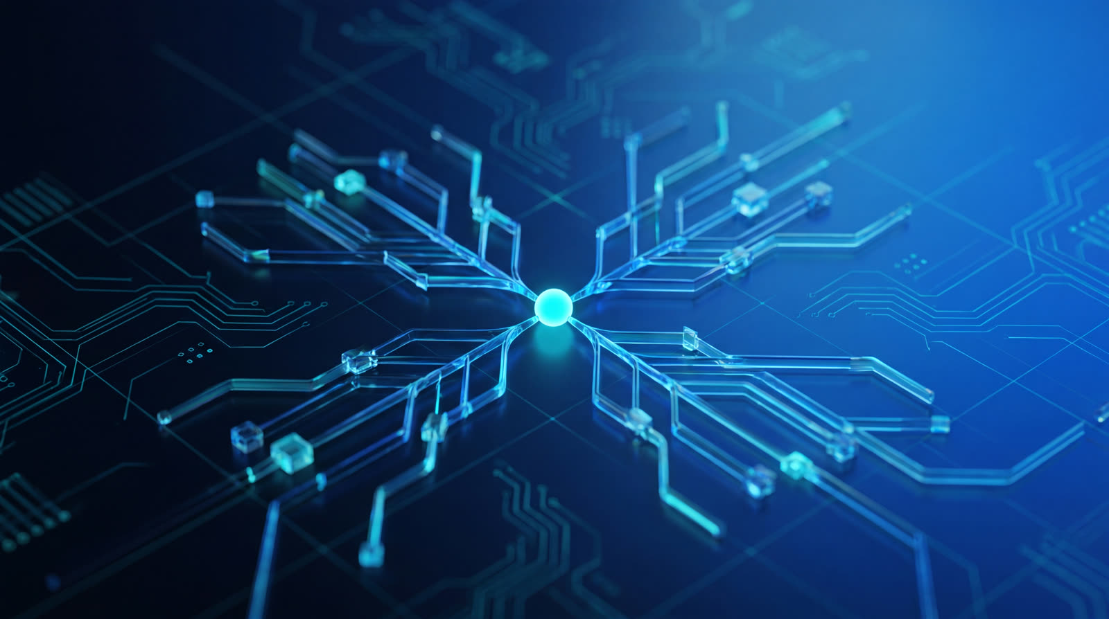 A single spark of light growing into a branching network of automated processes