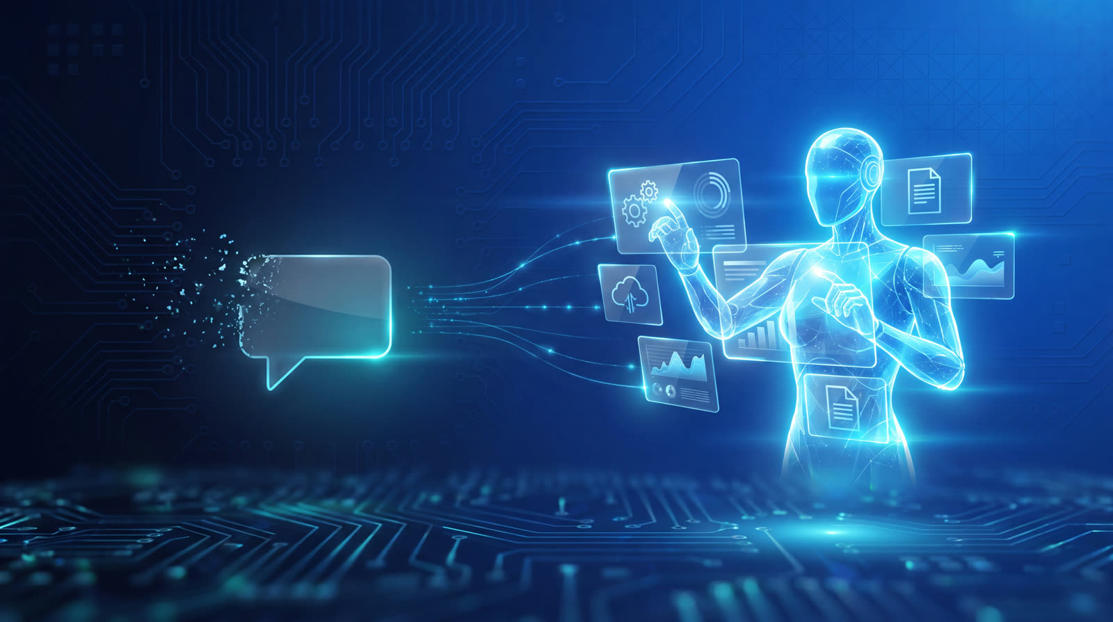 An AI evolving from a simple chat tool into an autonomous digital worker completing tasks