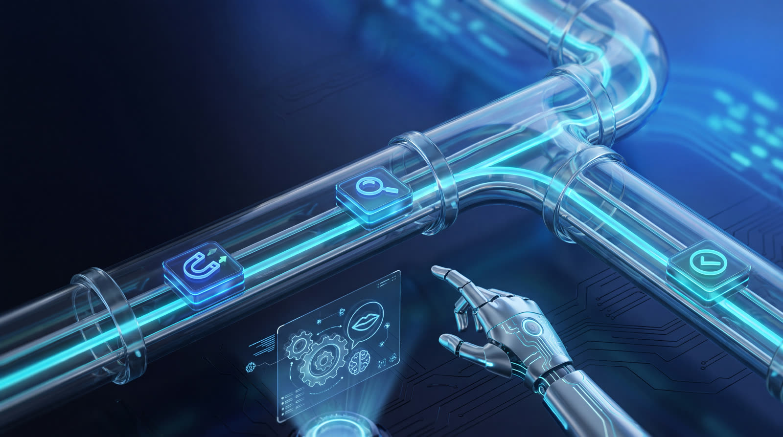 Business tasks flowing automatically along glowing rails through an AI system