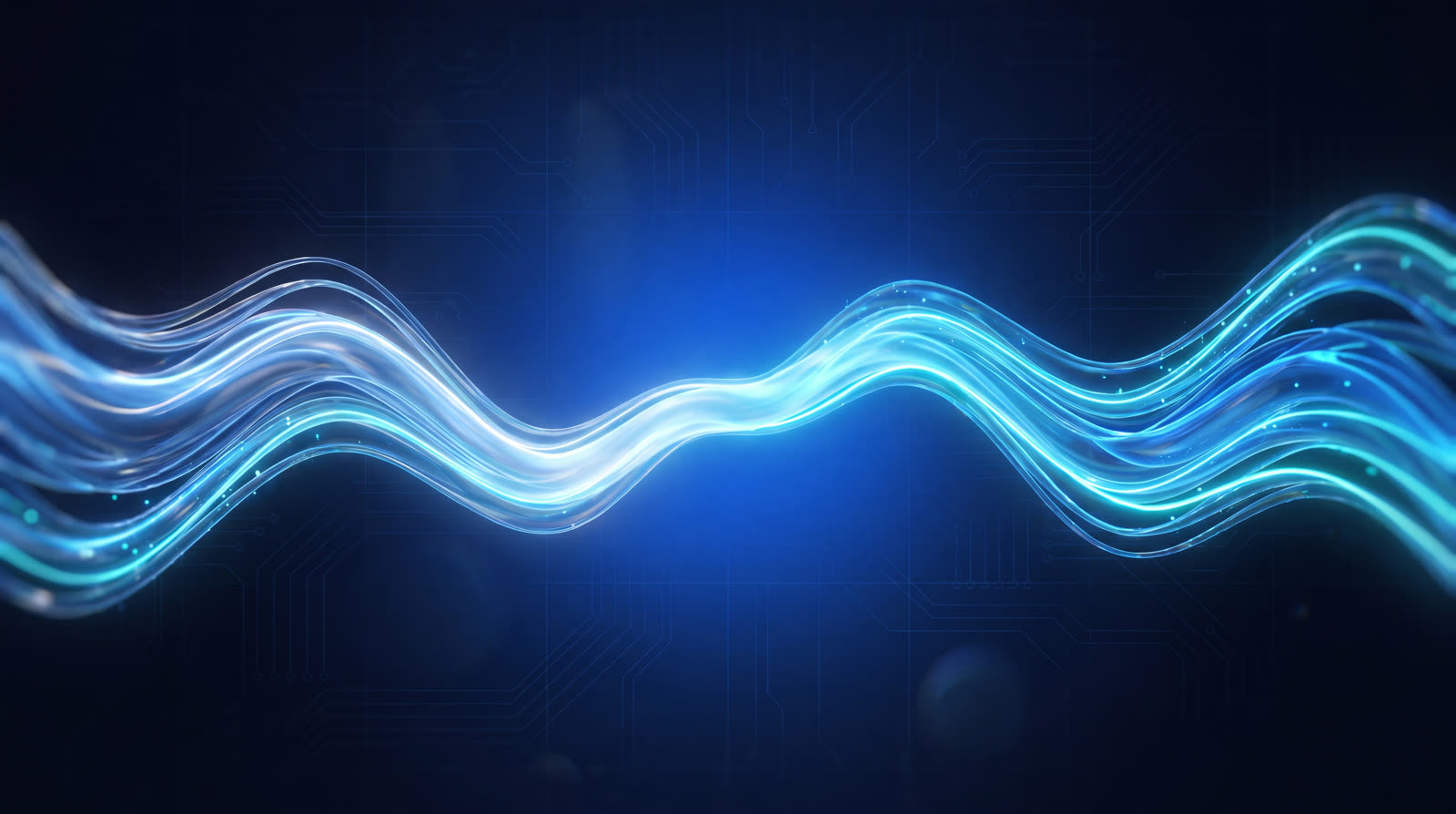 Two glowing soundwaves merging into a natural conversation between a human and AI