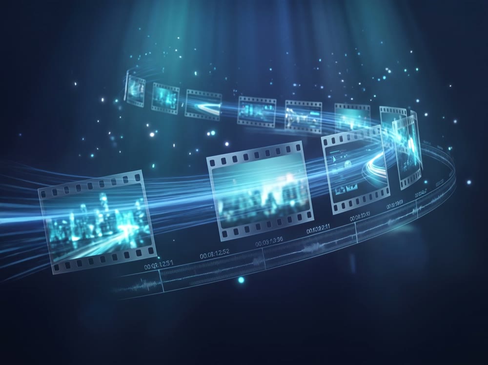 Cinematic AI-generated video production concept with glowing film reels and light