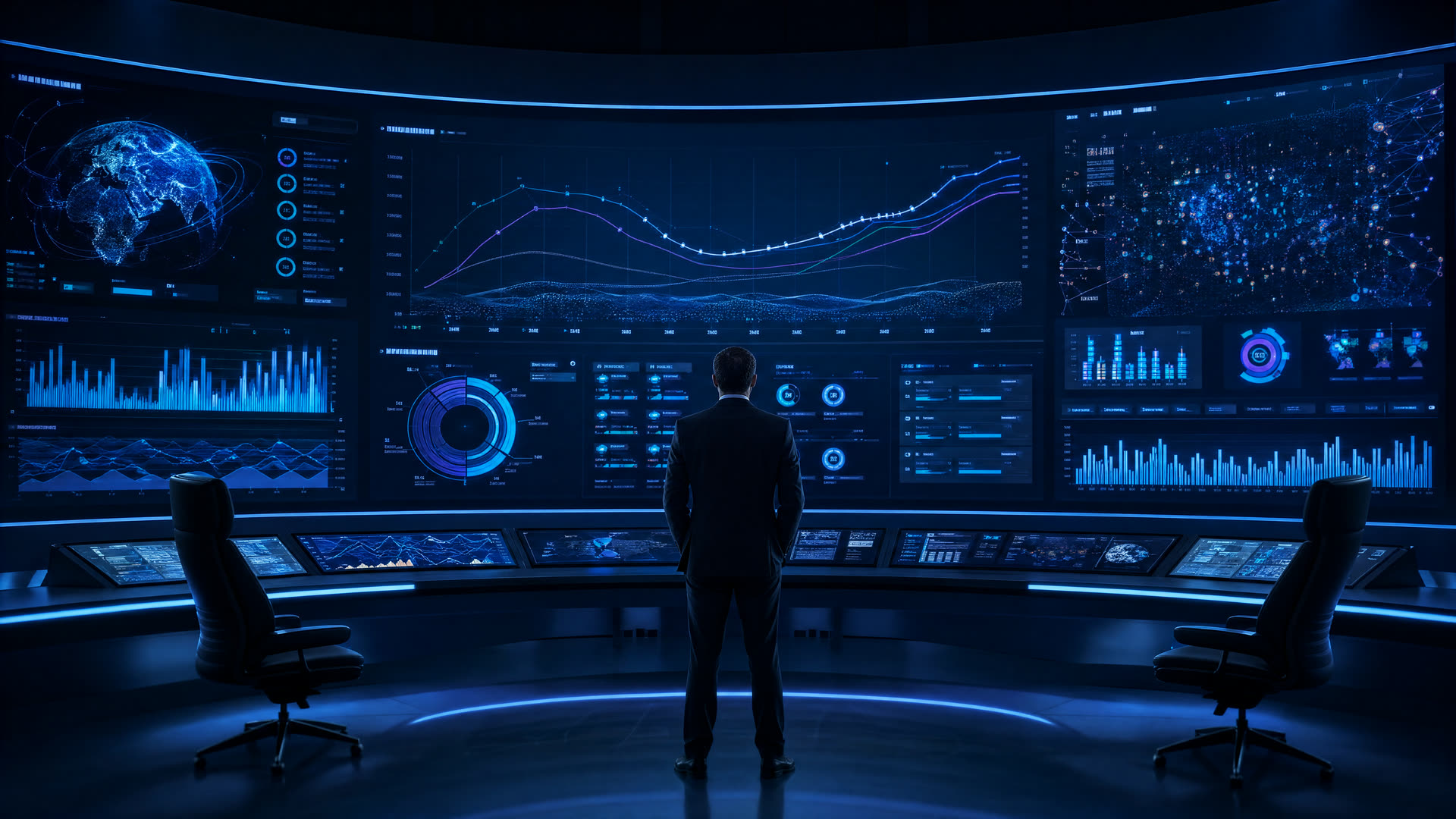 Executive analytics command center with glowing KPI charts