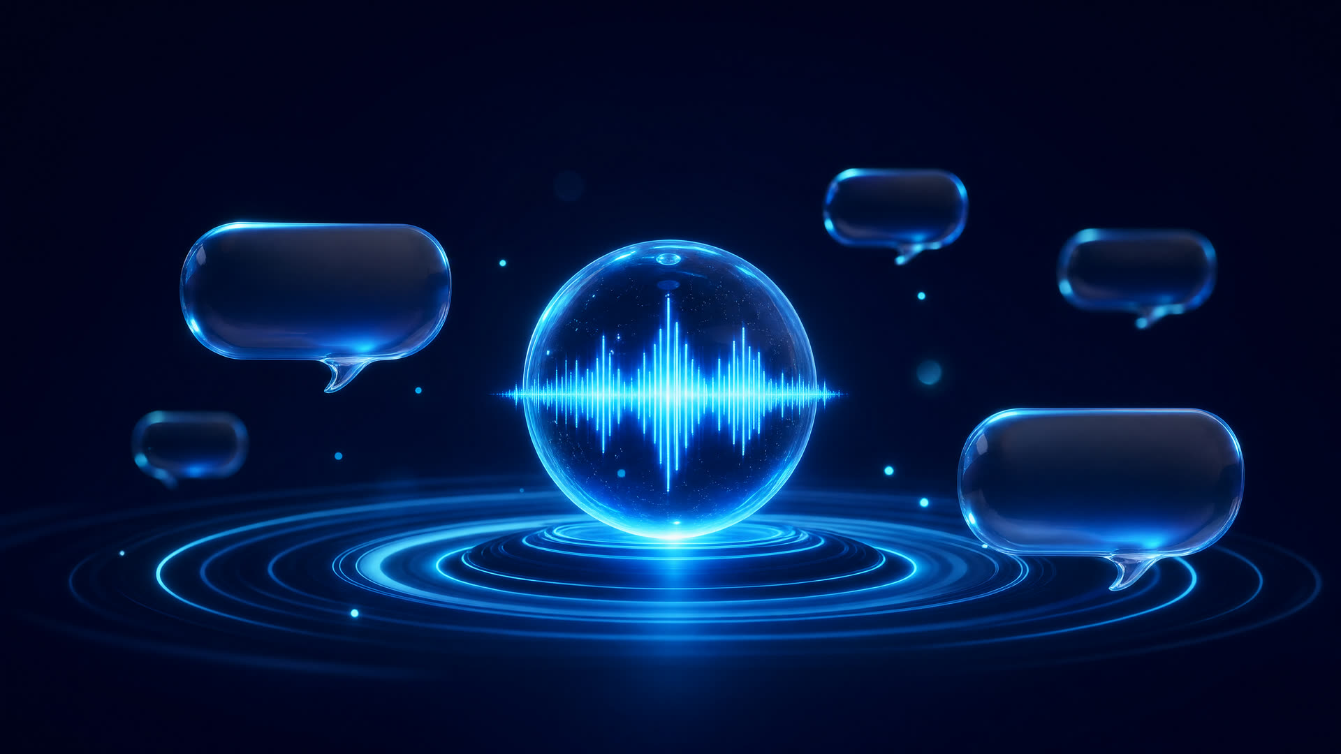 AI voice assistant concept with glowing soundwaves and chat panels