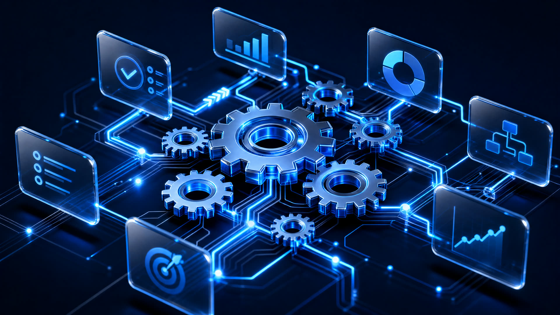 Automated workflow of glowing connected panels and circuit paths