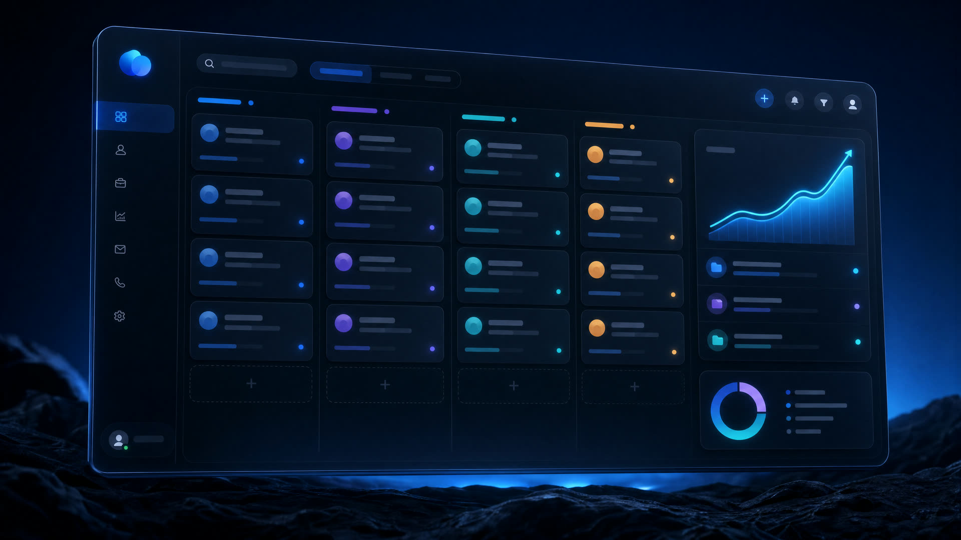 Modern CRM pipeline dashboard concept with glowing deal cards